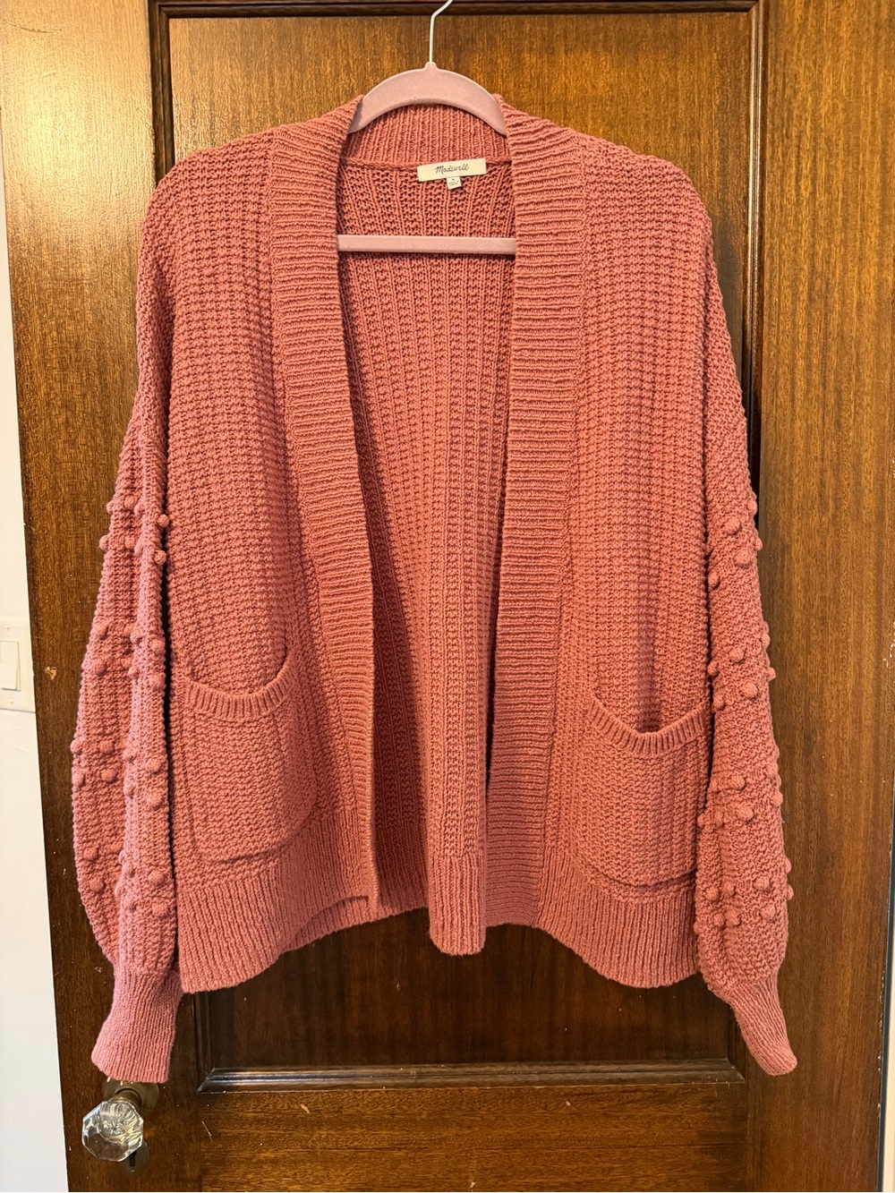 Madewell Pom-Pom Sleeve Open-Front Cardigan in Dusty Rose
